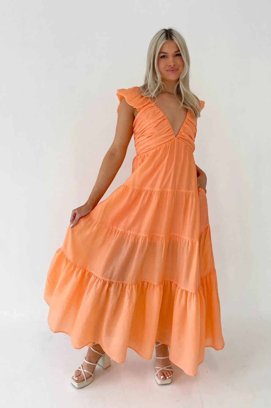 Grey bandit orange getaway maxi dress small ruffle sleeve wedding guest